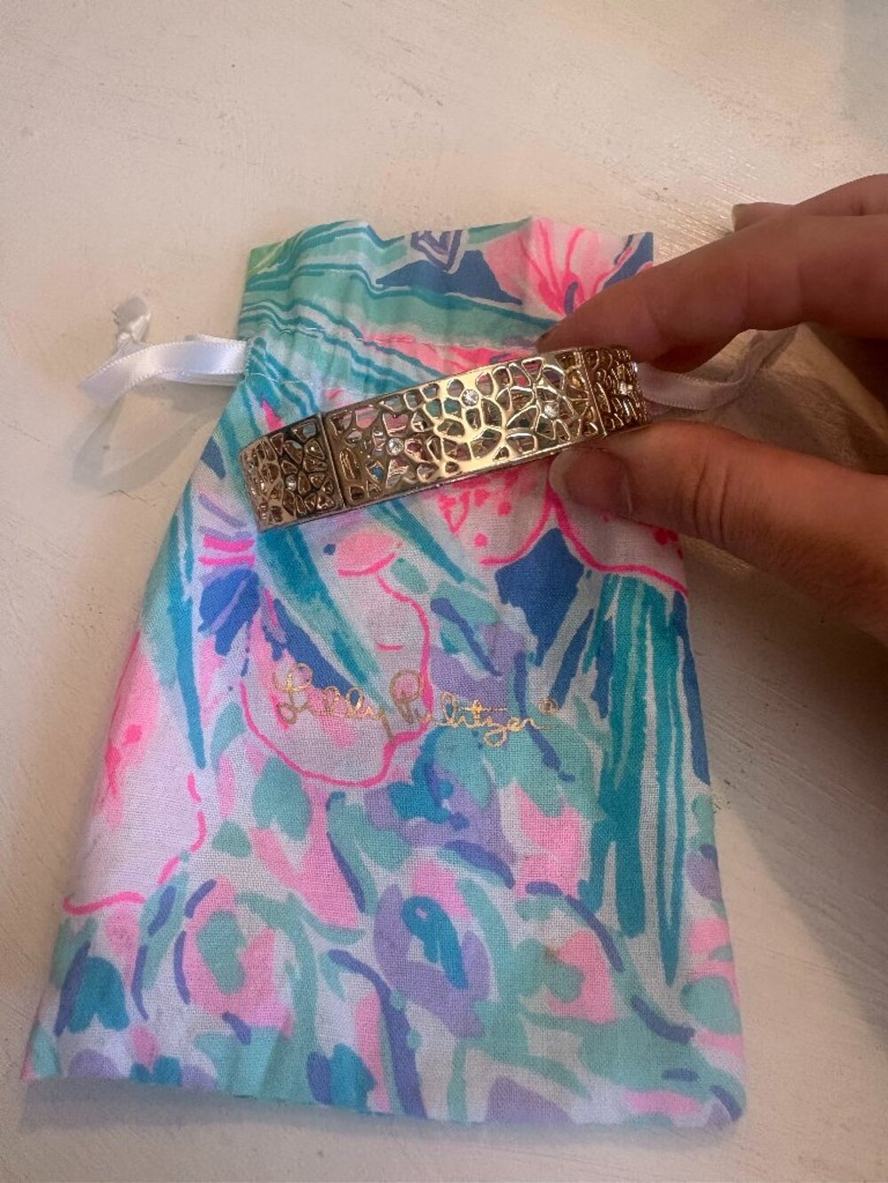 Lilly Pulitzer Gold Openwork Crystal Hinged Cuff Bracelet